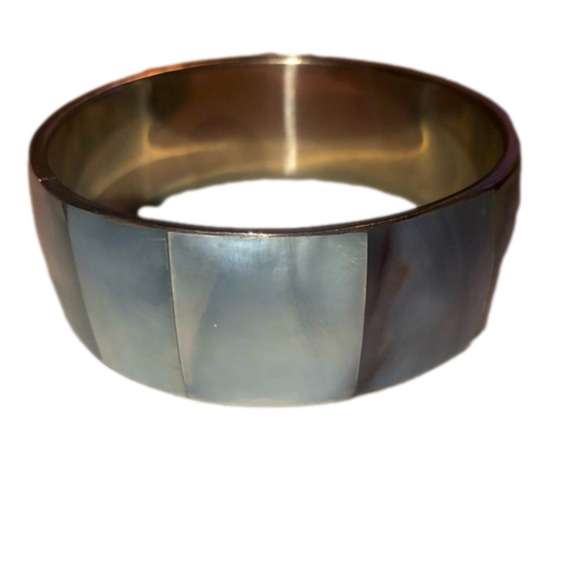VTG Blue Mother of Pearl Square Tile Inlay Wide Bangle Silver Metal 8” C 2.6” D - Picture 1 of 6